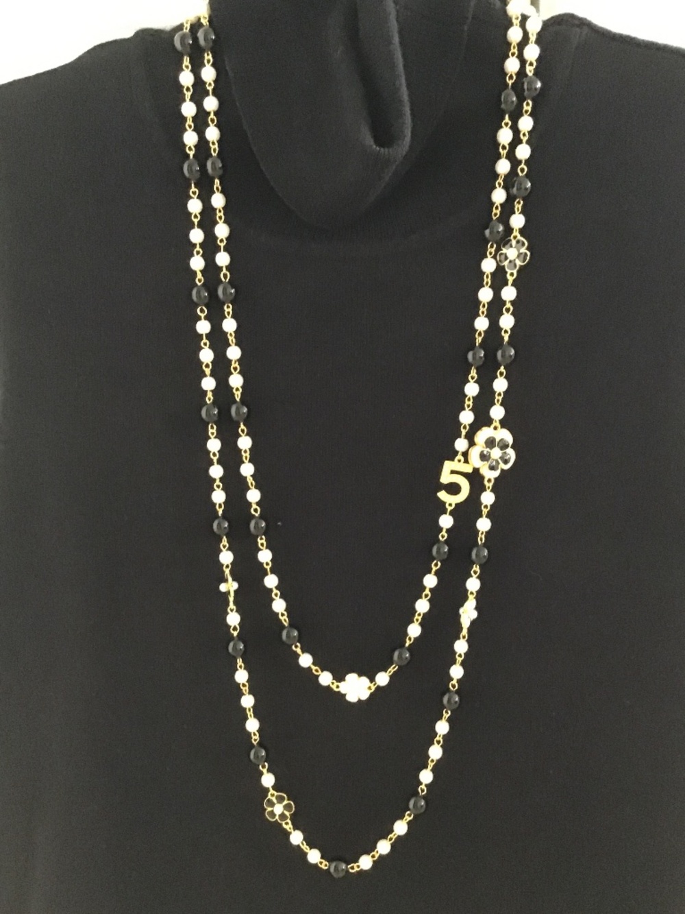 Black and white faux pearl double strand necklace